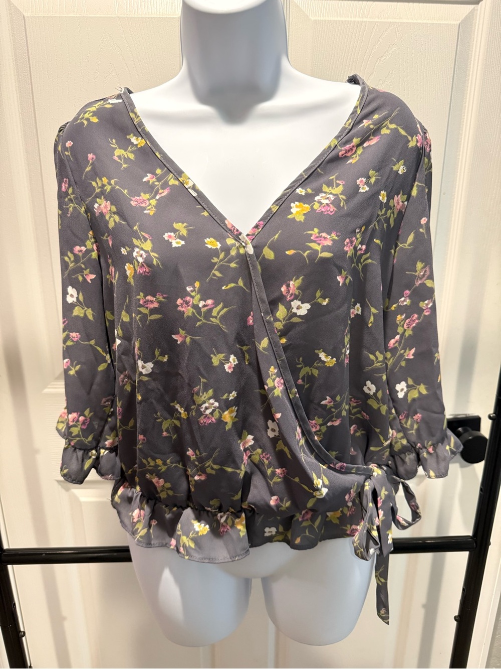 Sienna Sky Gray Floral Wrap Peplum Blouse with Pink & Yellow Accents
